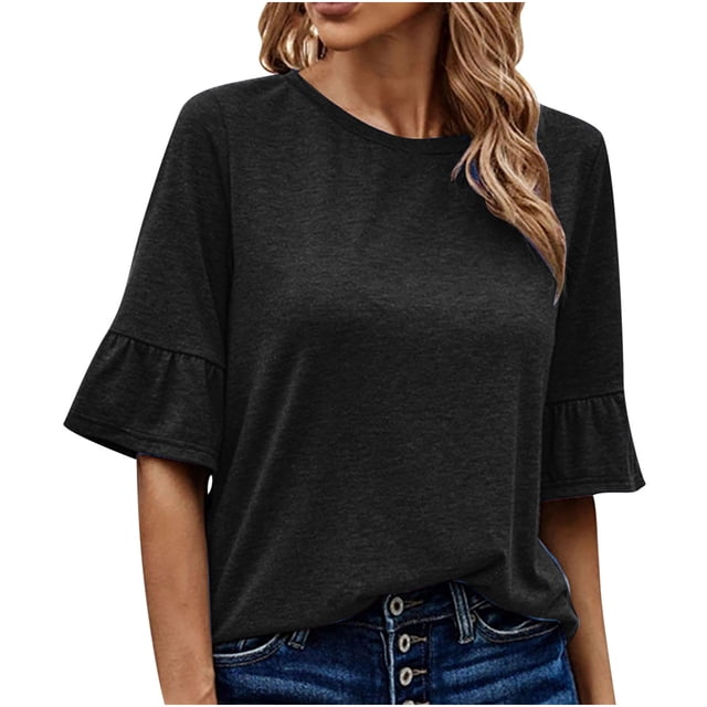 Pompotops Blouse d'Été Décontractée pour Femme à Manches Trois-Quarts, Col Rond, Hauts Unis, T-Shirt en Solde