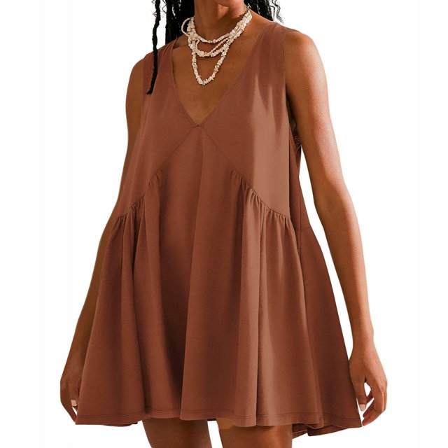 Ovzne Robes d'Été pour Femmes Robe Mode Été Décontractée Unie Col en V Sans Manches Mini Robe Grande Taille Maxi Robe Liquidation
