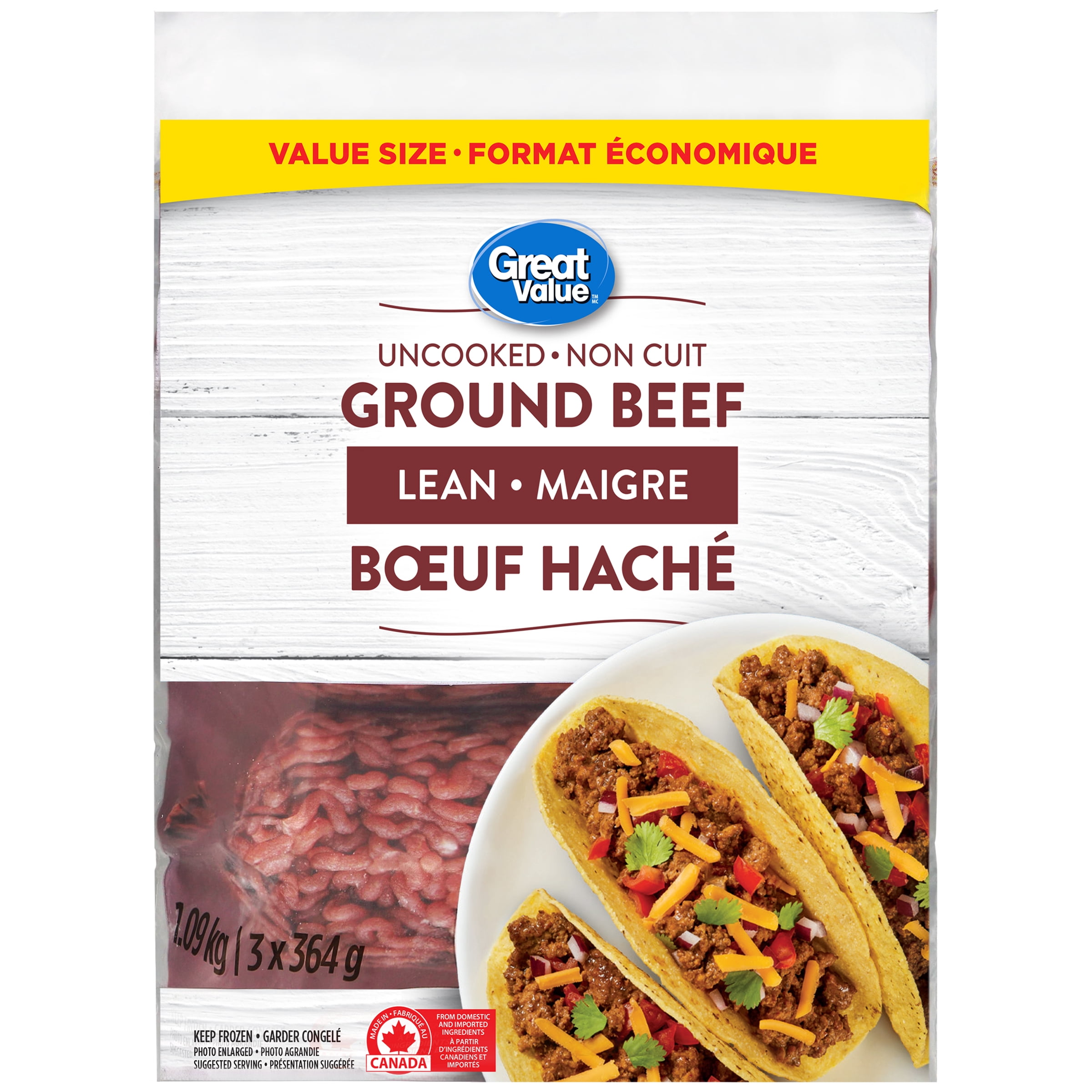 Great Value Frozen Lean Ground Beef, 3-Pack, 1092 g, 1.09kg