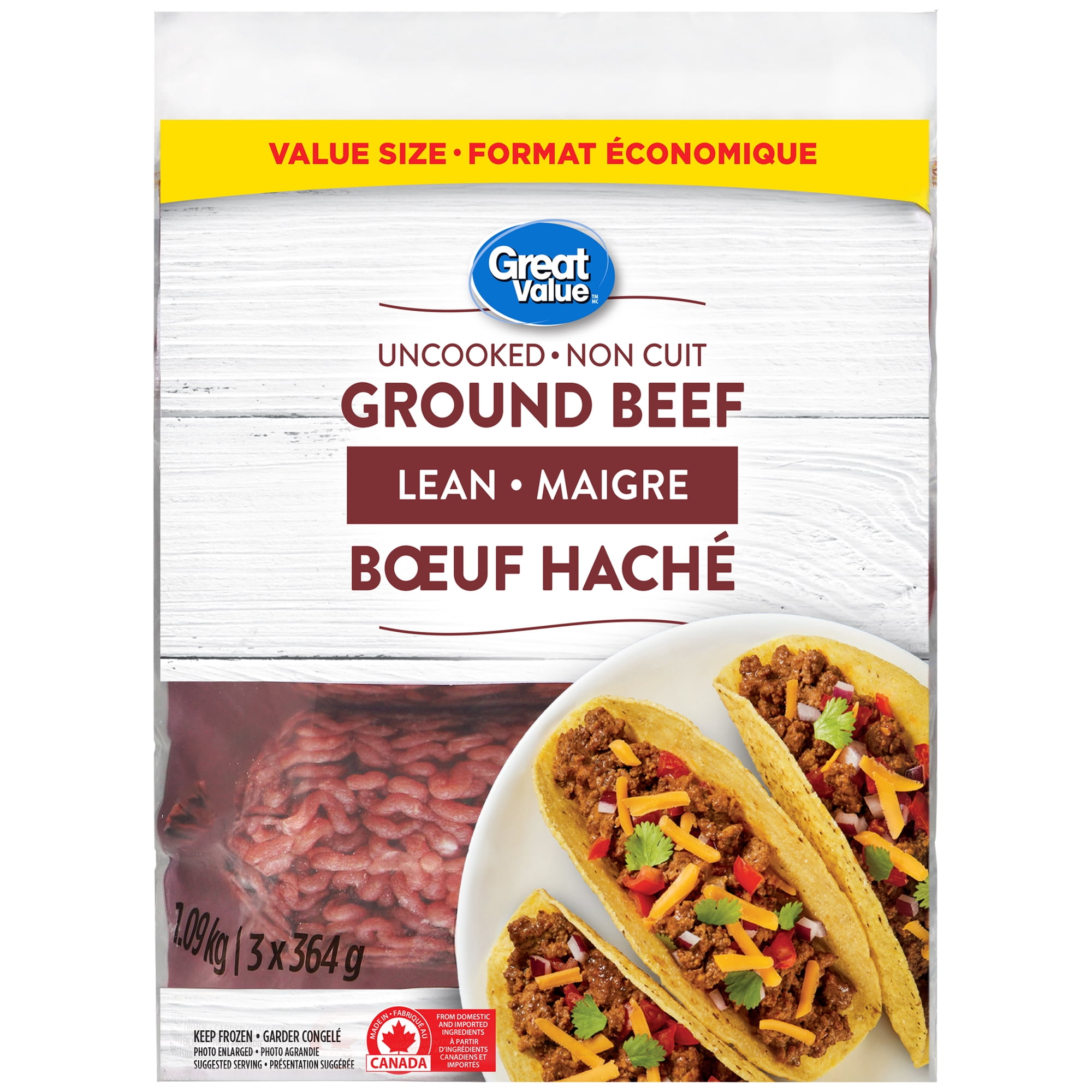 Great Value Frozen Lean Ground Beef, 3-Pack, 1092 G 1092g