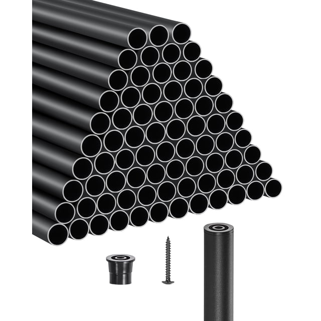 VEVOR Metal Staircase Balusters 101 Pack, featuring 36-inch aluminum spindles in matte black with a round tube design. Includes screws, plastic rail caps, and a #19 drill bit for easy installation. Made of rustproof aluminum with a 0.8mm-thickened tubing for durability and stability. Suitable for indoor and outdoor use on staircases, porches, balconies, and decks.