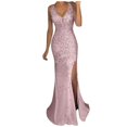 thumbnail image 1 of Robe de Bal à Sequins pour Femmes Sexy Dorée Soirée Demoiselle d'Honneur Col en V Longue, 1 of 2