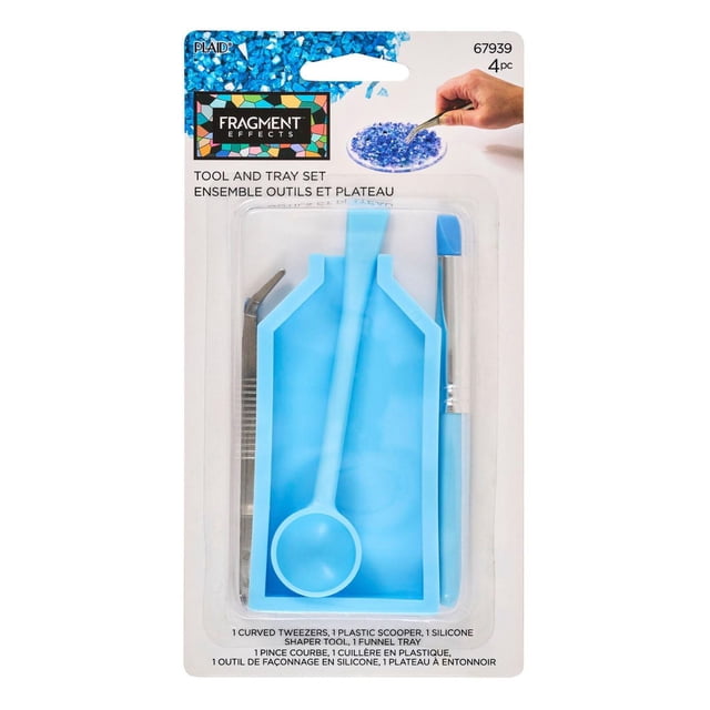 Fragment Effects Ensemble d'Outils et de Plateaux, Ensemble de 4 Pcs avec Plateau Entonnoir en silicone Bleu, Pelle en Plastique, Outil de Mise en Forme en silicone et Pinces Inclinées pour un placement Précis des Éclats de Verre et l'Artisanat en Céramique et en Poterie.