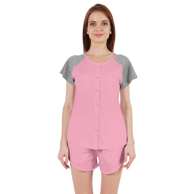 Inkmeso Solid 2 Pc Nightwear Set For Women Raglan Sleeves Button-Down Top & Shorts Sleepwear-52