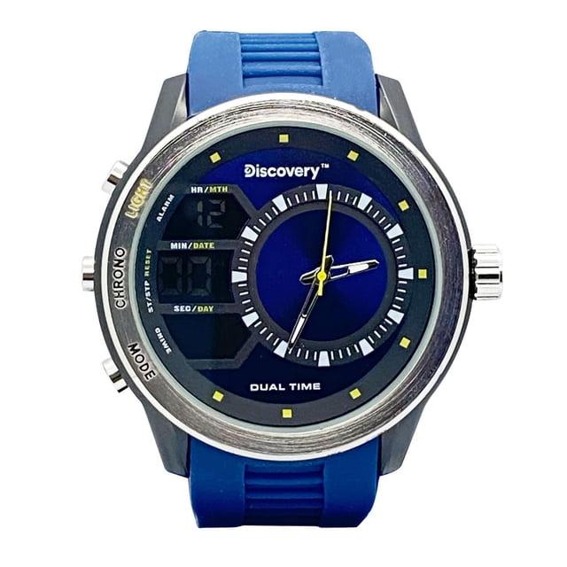 Discovery Montre pour Homme Multifonction Ana-Digi Orientée vers l'Avant 45 mm Boîtier en Acier Inoxydable Argent avec accents de Lunette Bleue, Affichage Numérique Analogique Mains Libres Intégré, Bracelet en Caoutchouc Bleu avec Boucle en Acier Inoxydable et Fond visible en Acier Inoxydable; avec Rétroéclairage, Alarme, Double Heure et Chronomètre, Bracelet (Boîtier Inclus) 260 mm; Souvent Utilisé pour le Voyage Prêt Double Chronométrage.
