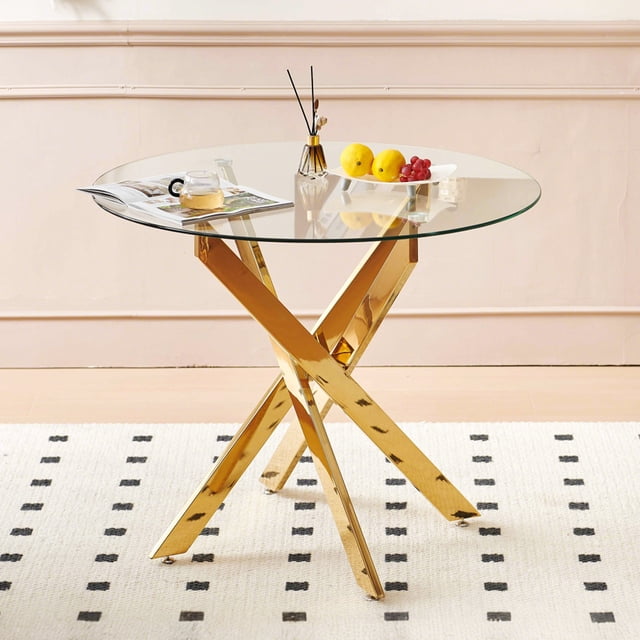 Round Glass Dining Table with Golden Metal Legs - 90x90cm