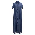 thumbnail image 4 of EGNMCR Robes de Fête pour Femmes Femmes Bouton Ample Imprimé Col en V Imitation Denim Manches Courtes Longue Robe, 4 of 5