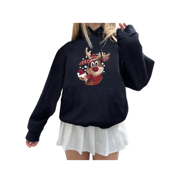FOCUSNORM Women Juniors Christmas Printed Sweatshirt, Hooded Pullover with Pocket, Drawstring