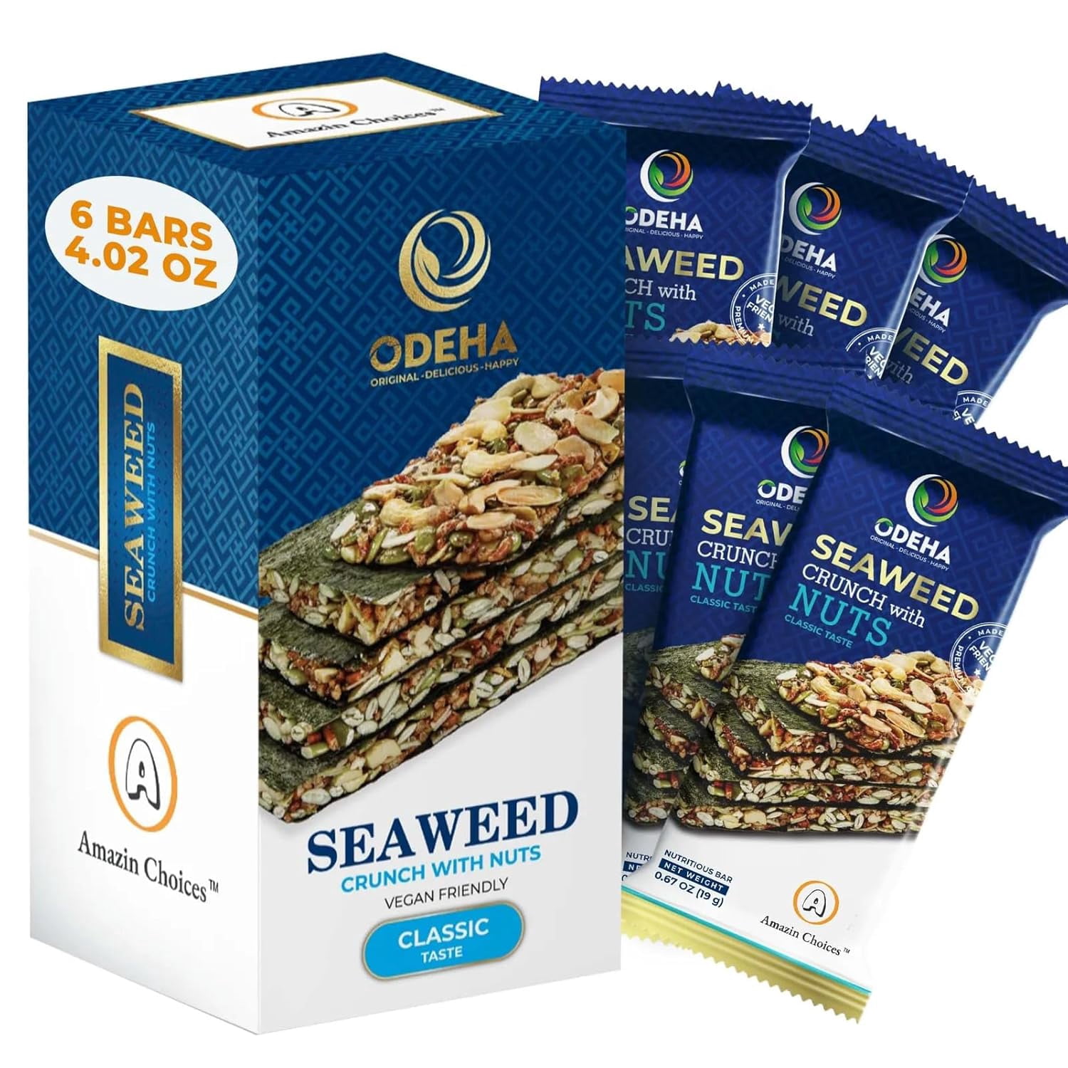 AMAZIN CHOICES Seaweed Crunch with Almonds & Nuts Classic Flavor – Healthy Vegan Snack Bars, Seaweeds Sheets, Crispy Texture, Nutty Taste, and On-the-Go Energy Snacks - 114g (6 Bars)