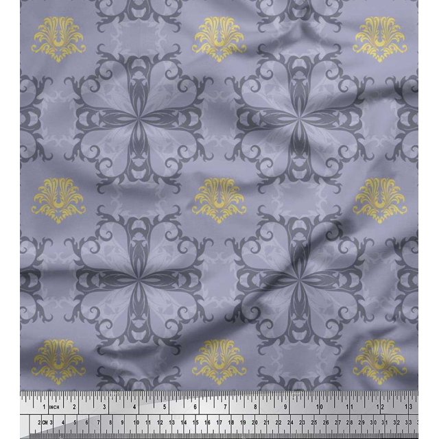 Soimoi polyester Crepe Fabric Filigree Damask Print Fabric by the Yard 52 Inch Wide