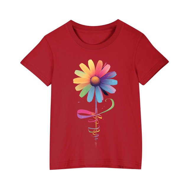 Penkiiy Chandails pour Enfants à Manches Courtes T-Shirt Graphique Gerbera Col Rond Crop Top pour Filles et Garçons de 3 à 9 Ans T-Shirt Tee Rouge