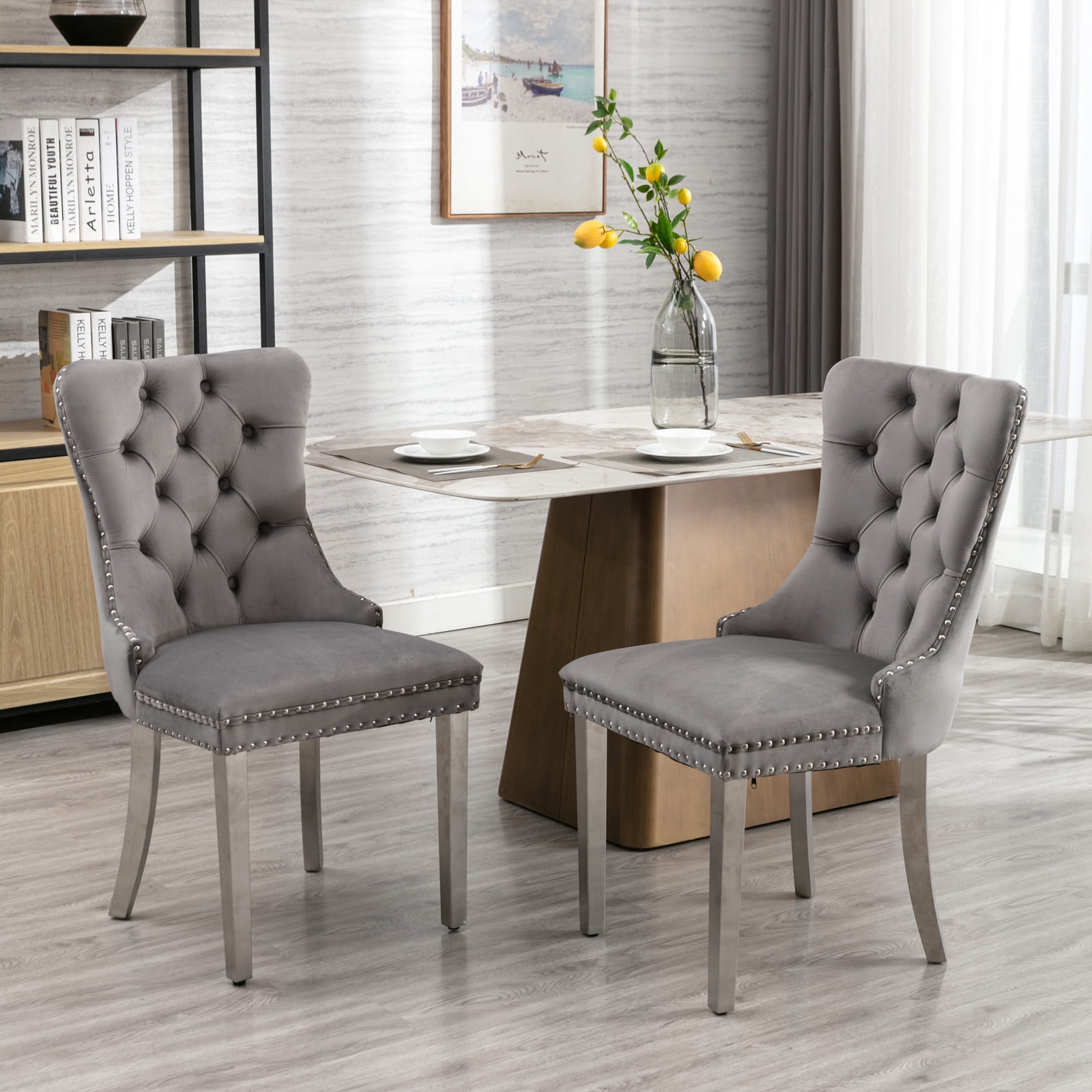 Noble House Velvet Upholstered Dining Chair Set of 2,Tufted with Siller Plated Legs & Nailhead Trim,Blue + Gold