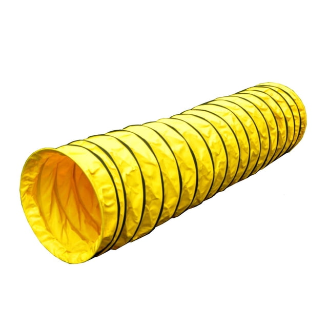 Cool Runners Puppy Tunnel in yellow rugged 16oz fabric with black support rings, 16-inch diameter and 78-inch length, ideal for small animal training and play, also suitable as a stimulating toy for puppies and small pets.