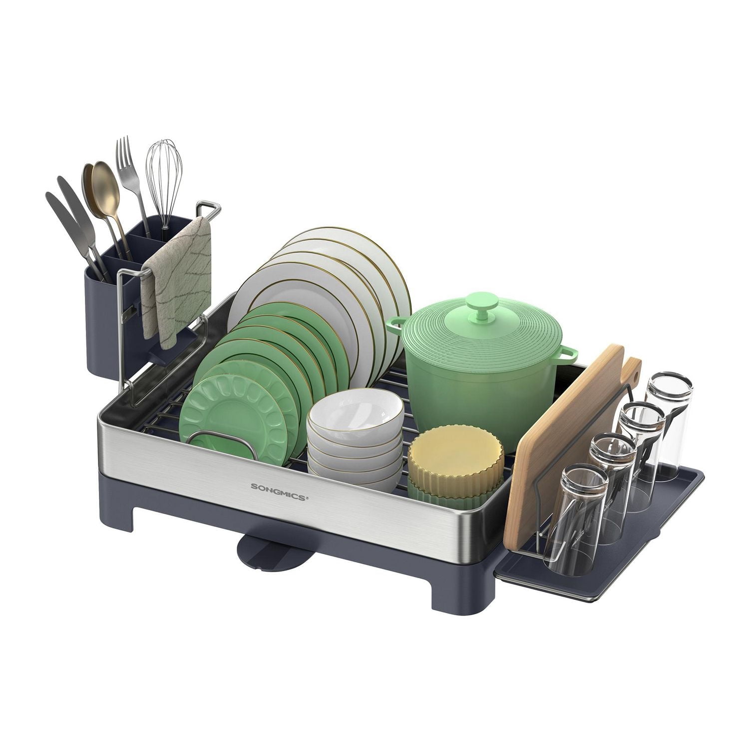 Songmics Home - Small Stainless Steel Dish Drying Rack Drain, Utensil Holder, Silver and Black