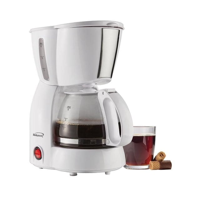 Brentwood 4 Cup Coffee Maker in white with a glass carafe holding brewed coffee, featuring a reusable filter basket, water level window, warming plate, and red power button, shown with a glass of black coffee and wafer cookies, ideal for small kitchens or office use.