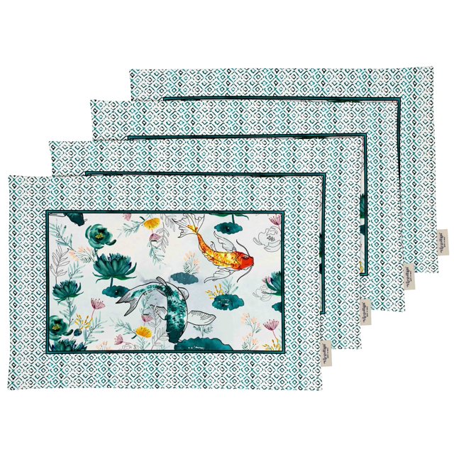 Vargottam Napperons - Napperon pour Table à Manger, Ensemble de 4 - Serviette en Coton Imprimée et Réversible - Napperons d'Intérieur pour Table de Maison et de Cuisine - Océan (Bleu Sarcelle)