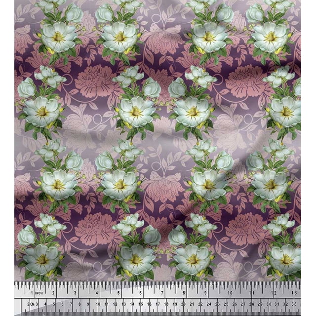 Soimoi Rayon Crepe Fabric Leaves & Magnolia Floral Fabric Prints by Yard 46 Inch Wide