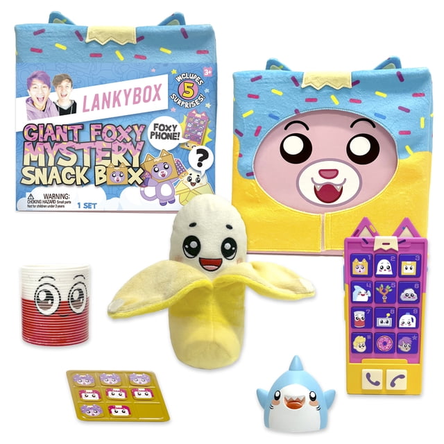 LankyBox Giant Foxy Surprise Snack Box with a blue and yellow box featuring a Foxy face window, a smiling plush peeled banana, a red and white slinky toy with eyes, a blue shark finger puppet, a purple and yellow Tic Tac Toe waffle game, and a purple electronic phone toy with character icons, suitable for novelty toy unboxing and surprise play.