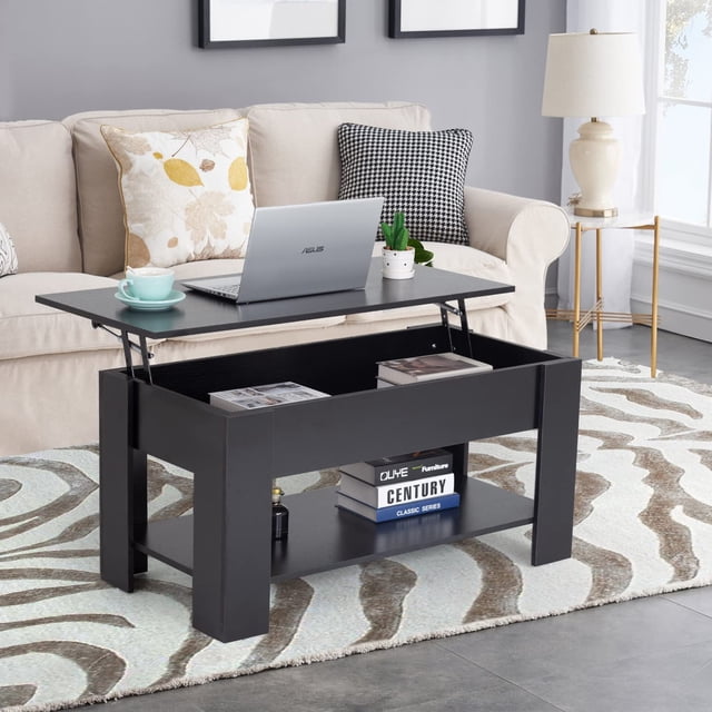 NiamVelo Table Basse en Bois à Plateau Relevable avec Compartiment Caché et Tablette de Rangement pour Salon, Noir