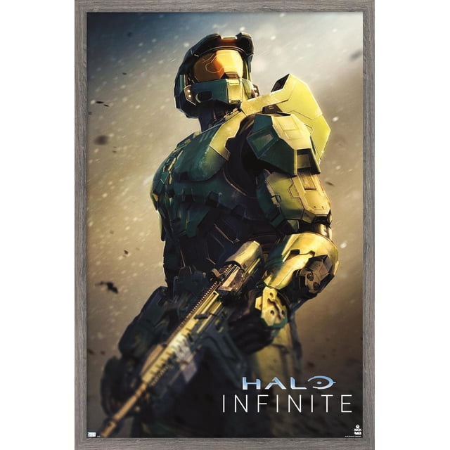Halo Infinite - Become Wall Poster, 22.375" x 34" framed, depicting Master Chief in green and gold armor holding a rifle against a blurred dusty background with the Halo Infinite logo, suitable for decorating bedrooms, offices, or gaming rooms.