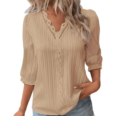 Chbgutlmr Hauts pour Femmes à Manches 3/4, Tunique à Volants Patchwork à Encolure en V, Coupe Ajustée, Chemises Décontractées