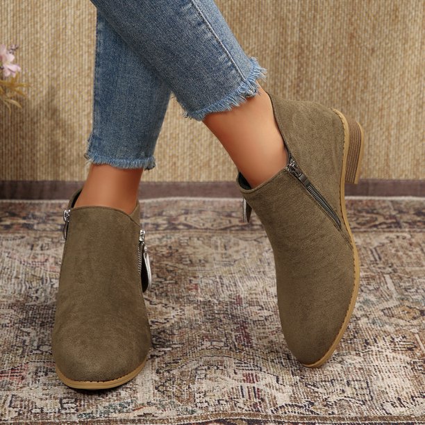 Wensltd Ankle Boots for Women Low Heel Round Toe Chunky Short