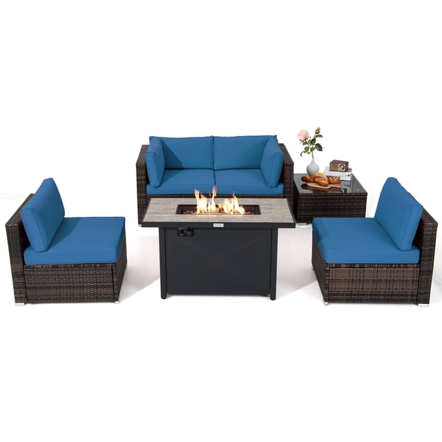 Patiojoy 6 Pieces Outdoor PE Rattan Wicker Sectional Sofa with 42" 60,000 BTU Gas Fire Pit Table, Patio Conversation Set with Tempered Glass Coffee Table Navy Blue