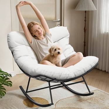GOGRANT Outdoor Papasan Rocking Chair, Oversized Patio Rocker with Thick Cushion & Sturdy Metal Frame, Wicker Egg Chair for Balcony Backyard Porch Garden, 350LBS Capacity, White