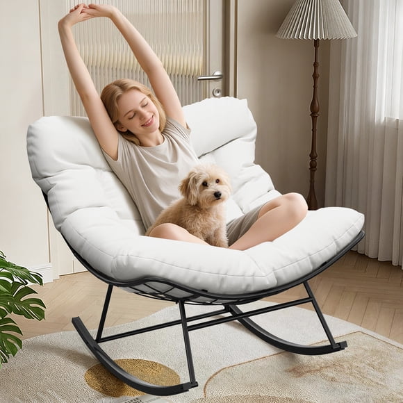 GOGRANT Fauteuil Berçant Papasan d'Extérieur, Grand Fauteuil Berçant de Patio avec Coussin Épais et Cadre Métallique Robuste, Fauteuil Oeuf en Osier pour Balcon, Cour Arrière, Véranda, Jardin, Capacité de 350 Lb, Blanc