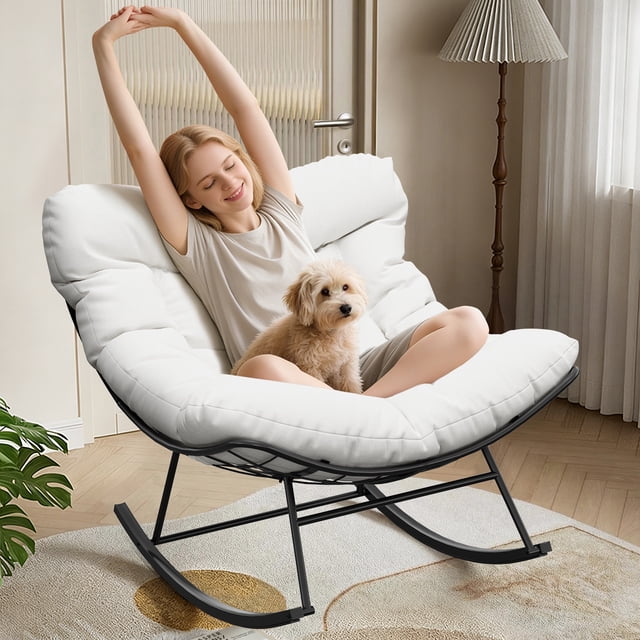 GOGRANT Outdoor Papasan Rocking Chair, Oversized Patio Rocker with Thick Cushion & Sturdy Metal Frame, Wicker Egg Chair for Balcony Backyard Porch Garden, 350LBS Capacity, White