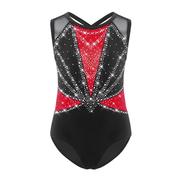 Linjinx Gym Leotards for Girls Ballet Dance Bodysuits Rhinestones Sleeveless Figure Skating Jumpsuit Red 12