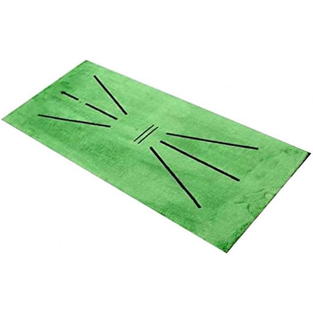 Golf Putting Training Mat Golf Putting Mat 30x60cm Mini Golf Practice Mat for Sensing and Hitting Swing. A rectangular green mat with black swing path and hitting point markings, designed for portable golf practice. Compact size of 30x60cm, suitable for indoor and outdoor use in home offices, backyards, or golf courses. Durable and easy to clean, ideal for beginners and children to improve posture and swing accuracy.