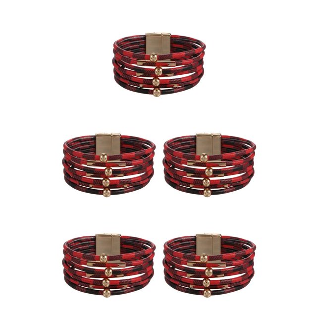 QualitChoice Bracelet Multi-layers Magnetic Buckle Leather Multi-colored Leopard Print Valentines Day Gifts Bracelets Hand Jewelry Black Red Check 5Set