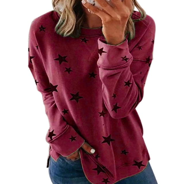 MAWCLOS T-shirt pour Femmes à Col Rond T-shirt à Imprimé d'Étoiles T-shirt Sport Tenue Quotidienne Chandail à Manches Longues Rouge Vin G
