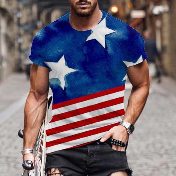 cllios 4th of July Shirts for Men Patriotic American Flag Print Tees Regular Fit Round Neck Top Big and Tall Short Sleeve T Shirt