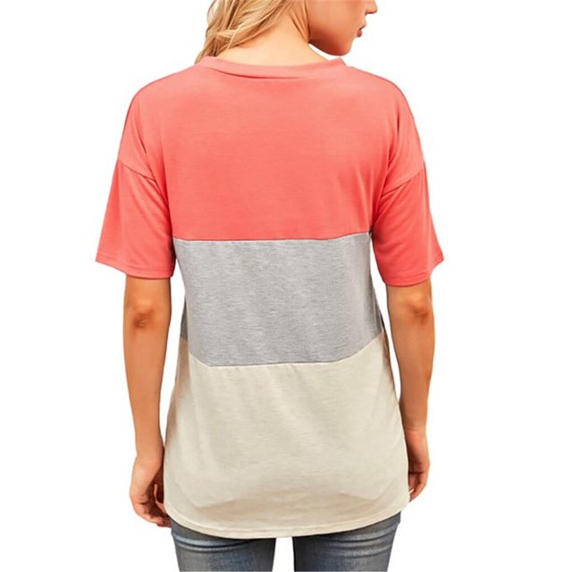 T-shirt pour Femmes à Blocs de Couleur, Haut à Manches Courtes, Haut à Manches Rondes pour Femmes, Blouse à Col Rond, Rouge Coloré, P