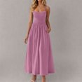 thumbnail image 2 of Amzcrzy Robes pour Femmes Couleur Unie Bretelles Spaghetti Robe d'Été Décontractée Col Rond Sans Manches Robes Soleil pour Femmes Tendance à Étages Fluide Robes Maxi avec Poches, 2 of 8