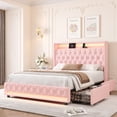thumbnail image 3 of Homfa Queen Size LED Bed Frame with 2 Storage Drawers & Charge Station, Modern Wingback Upholstered Platform Bed Frame, Pink Velvet, 3 of 8