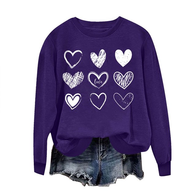Penkiiy Chandail en Molleton Imprimé Cœur pour Femmes Manches Longues Col Rond Décontracté Ample Vintage Amour Graphique Pull Tops L Violet