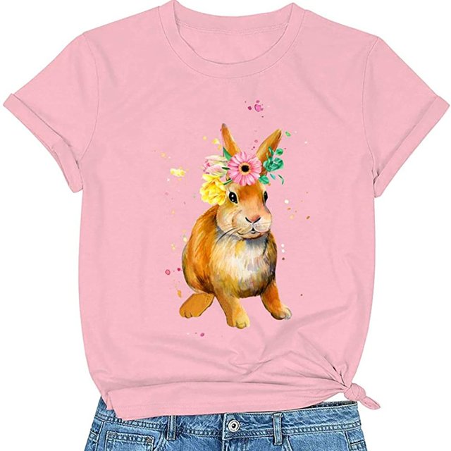 Hauts d'Été Grande Taille pour Femmes Manches Courtes Motif Imprimé Lapin de Pâques Manches Courtes Col Rond T-Shirt Ample Col en V T-Shirt Femmes en Liquidation
