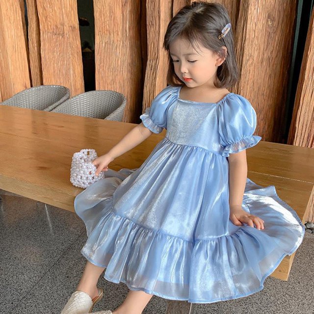 Filles d'Été de Couleur Pure Cou Carré Manches Bouffantes Robe de Princesse Coréenne Douce