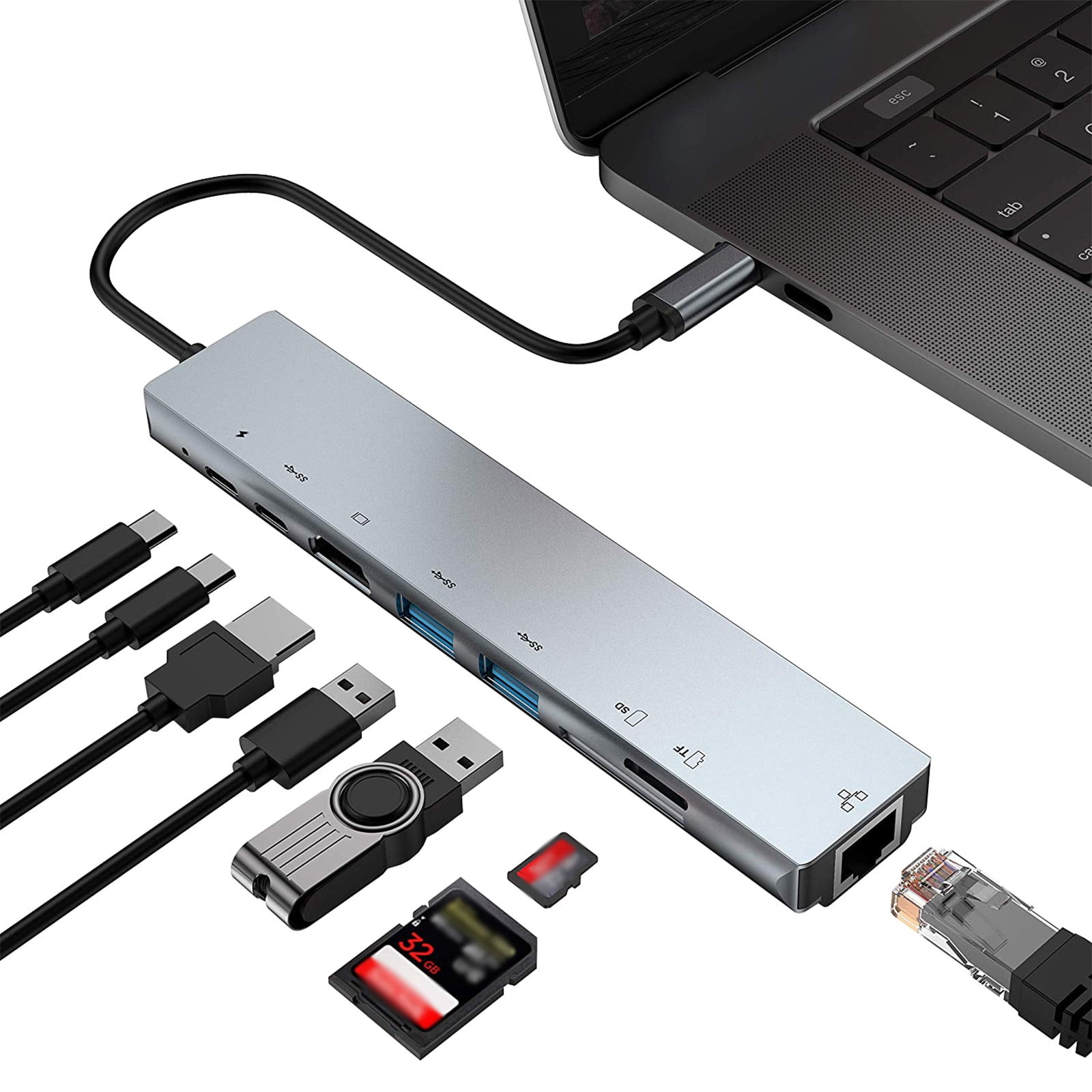 8-in-1 USB C Hub with 4K HDMI, 2 USB 3.0 Ports, SD/TF Card Reader, 100Mbps Ethernet & 87W PD Charging for MacBook/Type-C Devices