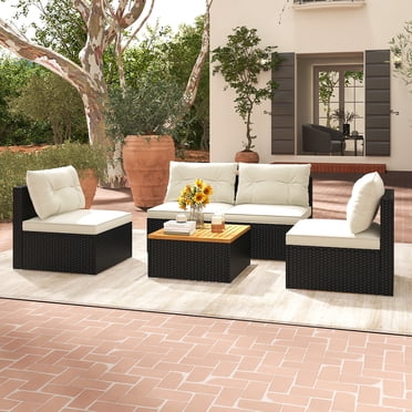 Gymax 5PCS Rattan Patio Conversation Sofa Set Outdoor Furniture Set w/ Off White Cushions
