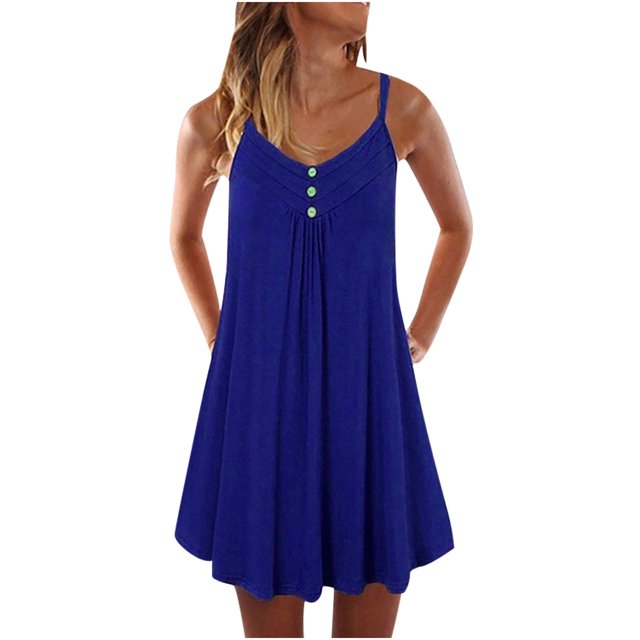 Leutsin Ladies V-neck Mid-Waist Loose Button Solid Color Sleeveless Suspender Dress