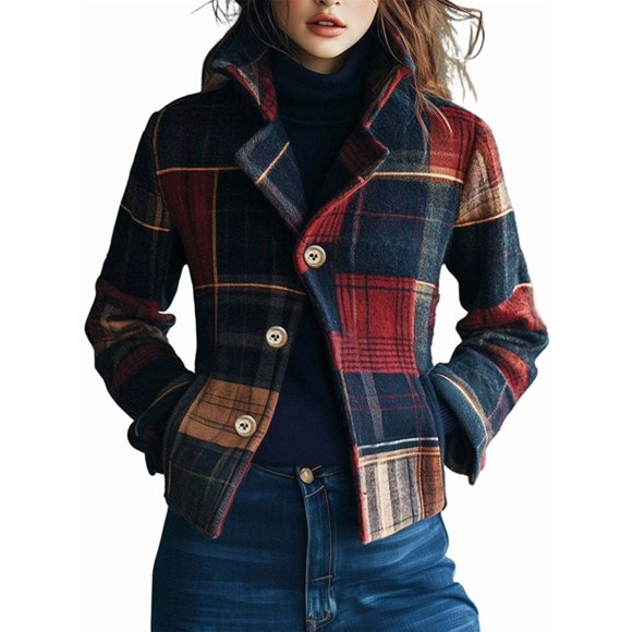 Women Short Plaid Wool Blend Jacket Crop Blazer Pea Coat Crop Winter Outwear L
