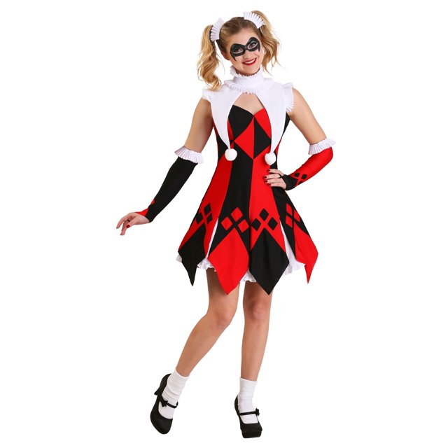 Cute Court Jester Plus Size Women's Costume featuring a red and black stretch knit dress with an appliqued diamond pattern, adjustable spaghetti straps, and a handkerchief hemline supported by a petticoat. Includes a pleated white collar with pom-poms, matching fingerless arm warmers with pleated cuffs, and hair ornaments attached to metal combs. Made from polyester and spandex, this costume is ideal for Halloween or themed parties.