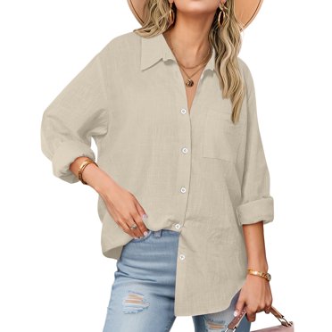 Weiqiqre Spring Tops for Women Button Down Shirts Long Sleeve Cotton Gauze Tops Casual Collared Blouses Loose Fit