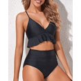thumbnail image 2 of Women Two Piece Swimsuits High Waisted Ruffle Flounce Bikini V Neck Tummy Control Bathing Suit Solid Black (M, 2 of 6