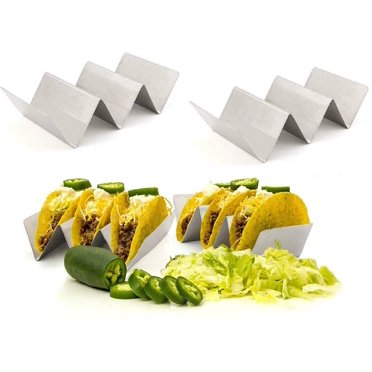 LNGOOR Support de Tacos en Acier Inoxydable de Qualité Alimentaire, Style Plateau de Camion à Tacos, Étagère Pouvant Contenir jusqu'à 3 Tacos Chacun, Va au Four pour la Cuisson, Va au Lave-Vaisselle et au Gril, 4 Pouces x 8 Pouces