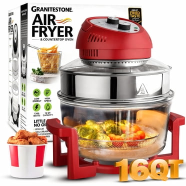 Granitestone Big Boss 16Qt Extra Large Glass Air Fryer Non Toxic – Family Sized 4 in 1 Cooker with 3 Cooking Sections, Stainless Steel Racks, Self Cleaning, Dishwasher Safe Red